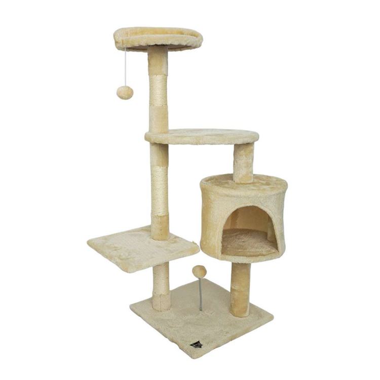 شجرة قطط متعددة المستويات مصنوعة من الألواح الخشبية ومغطاة بفرو ناعم، عمود خدش للقطط، 112 × 40 × 40 سم، لون بيج