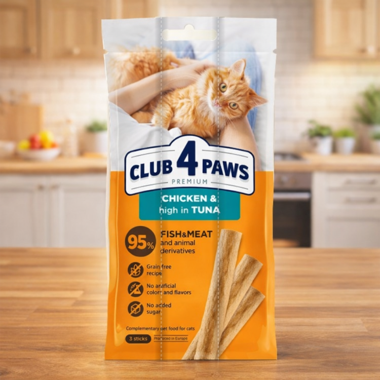 مكافآت club 4 paws ستيك نكهة الدجاج والتونا - 3 ستيك