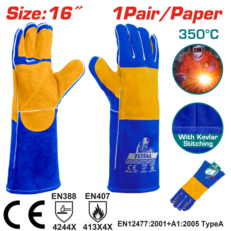كفوف لحام جلد 16 إنش – مقاومة للحرارة حتى 350 درجة من توتال (TSP15216)