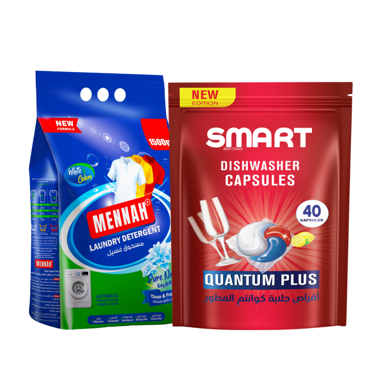 مينه مسحوق غسيل  1.5ك مع اقراص جلايات سمارت 40 قرص