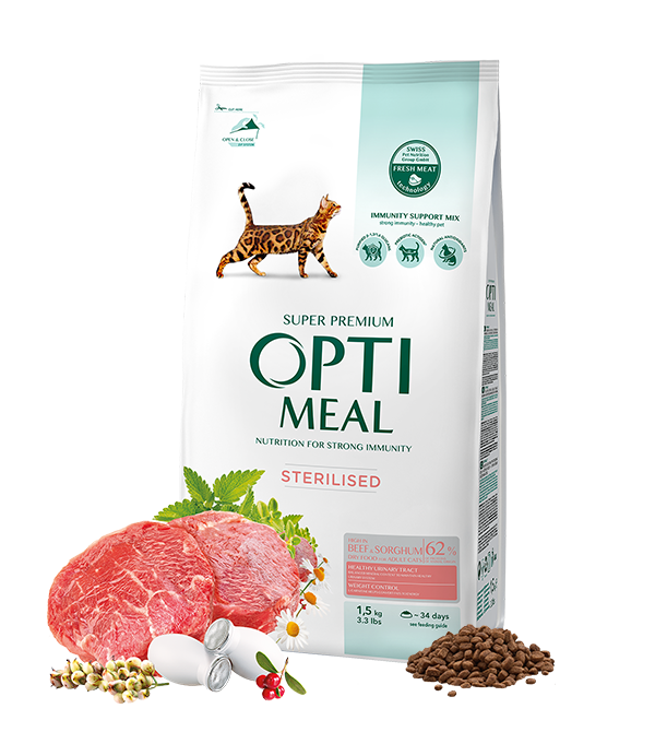 Opti meal Dry For Sterilised Cats High In Beef & Sorghum 1.5kg