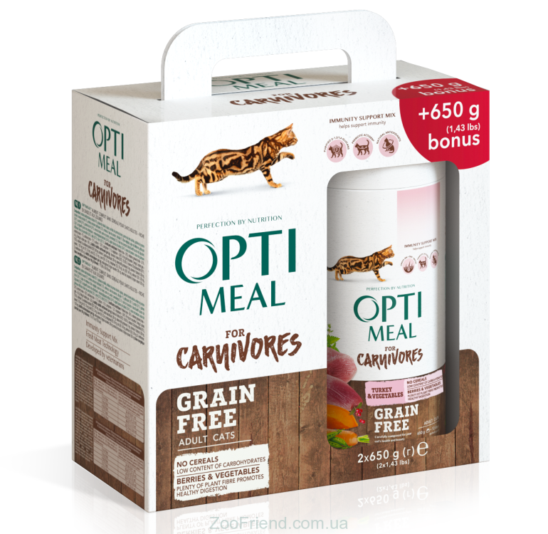 Opti meal Grain Free Dry For Adult Cats Duck&Veggies(650+650)1.3kg