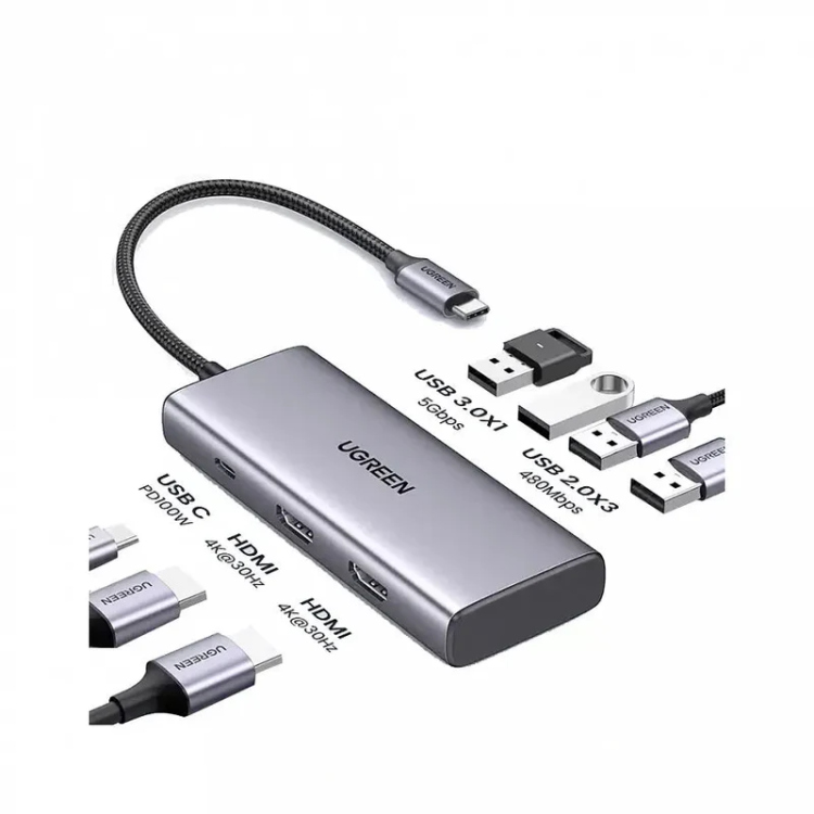  UGREEN 35897 7-IN-1 USB-C TO USB-A 3.0+3*USB-A 2.0+2*HDMI+PD PORT CONVERTER