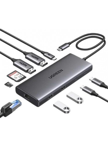  UGREEN 45380 10-IN-1 USB-C TO USB-A 3.2+USB-A 3.0+2*USB-C 3.2+2*HDMI+RJ45 GIGABIT+SD&TF +PD PORT CONVERTER