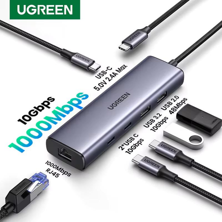  UGREEN 45320 6-IN-1 USB 3.2 C TO USB-A 3.2+USB-A 2.0+2* USB-C 3.2 CONVERTER + GIGABIT WITH USB-C POWER PORT