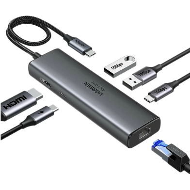  UGREEN 45000 6-IN-1 USB-C TO HDMI+2*USB-A 3.2 +1*USB 3.2 C+RJ45+PD POWER CONVERTER