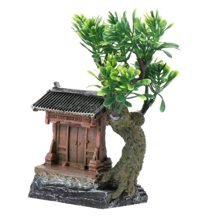 منزل من أحجار اصطناعية زينة حوض السمك مع نبات أخضر على الطراز الصيني