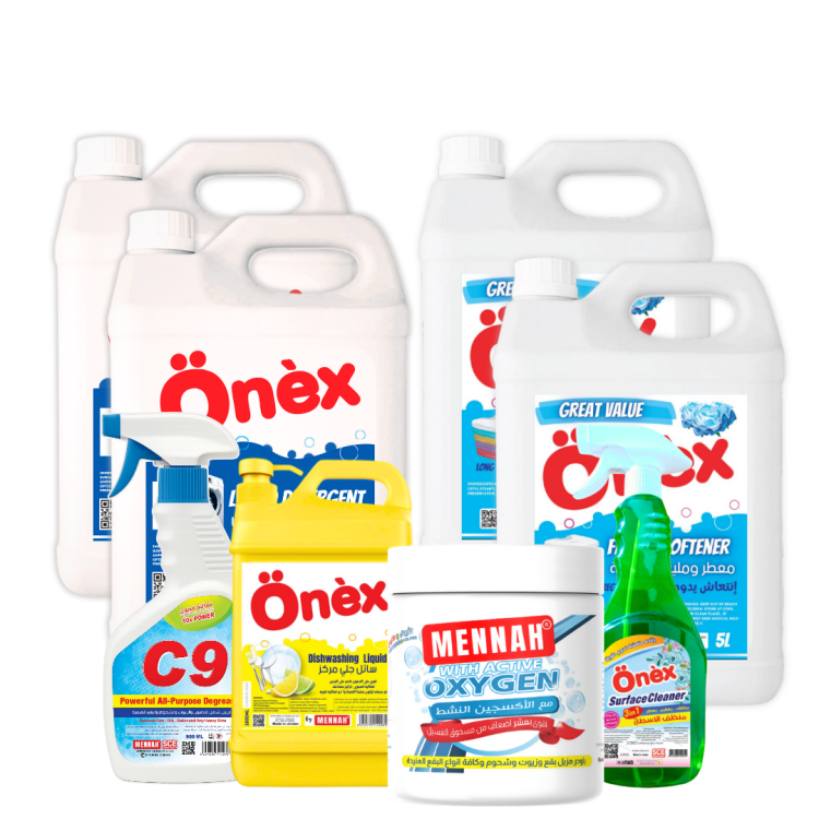 سائل غسيل اونيكس 5لتر 2 و ملين اونيكس 5لتر 2 و اوكسجين مزيل بقع 750غ وسائل جلي 1.8لتر و منظف اسطح 650مل