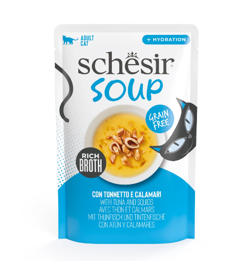 طعام رطب مكمل للقطط البالغة تونة وحبار في حساء