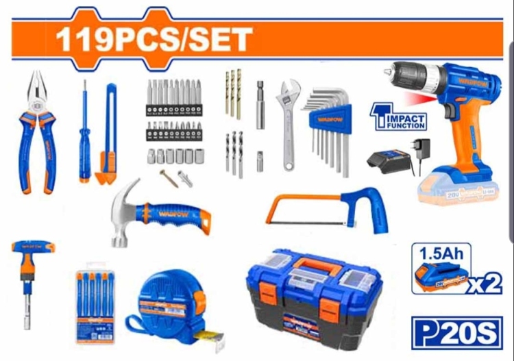 درل شحن 20V إمباكت +رجاج بلاط مع 119قطعة WADFOW 