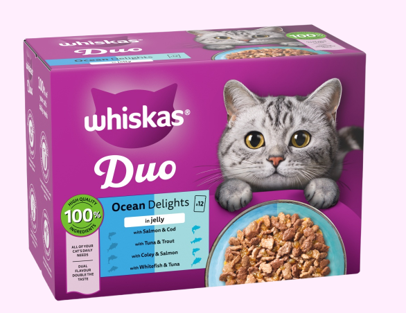 أكياس طعام القطط البالغة الرطب WHISKAS® 1+ Duo Ocean Delights  في جيلي