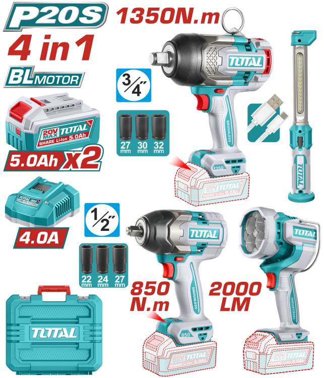 طقم عدة شحن مكونة من 4 قطع – 20 فولت من توتال (TOSLI250782)