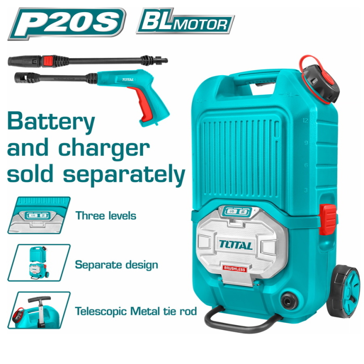 Total TPWLI4006 مضخة غسيل 40 فولت 80 بار بدون فحمات تنك 15 لتر بدون بطارية وشاحن