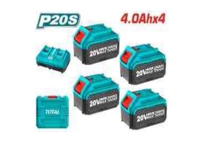 Total TFBCLI20244  طقم بطاريات 4 أمبير 20 فولت 4قطع وشاحن مزدوج