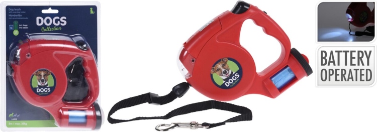 Dog leash with LED lighting, in addition to litter bags 5 metres